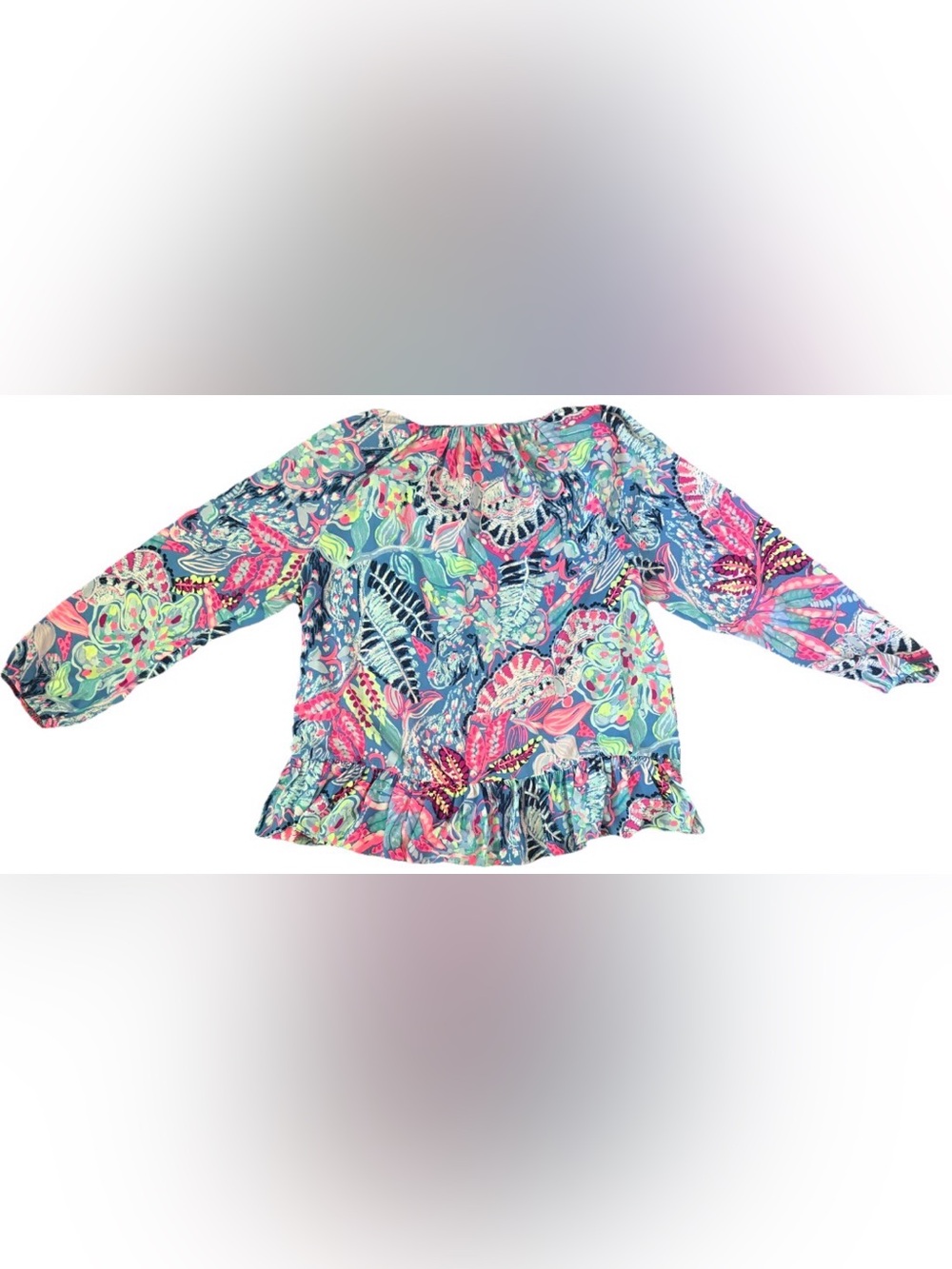 Lilly Pulitzer XL Blue Pink Tropical Peplum Blouse Ruffle Hem EUC - Picture 2 of 5